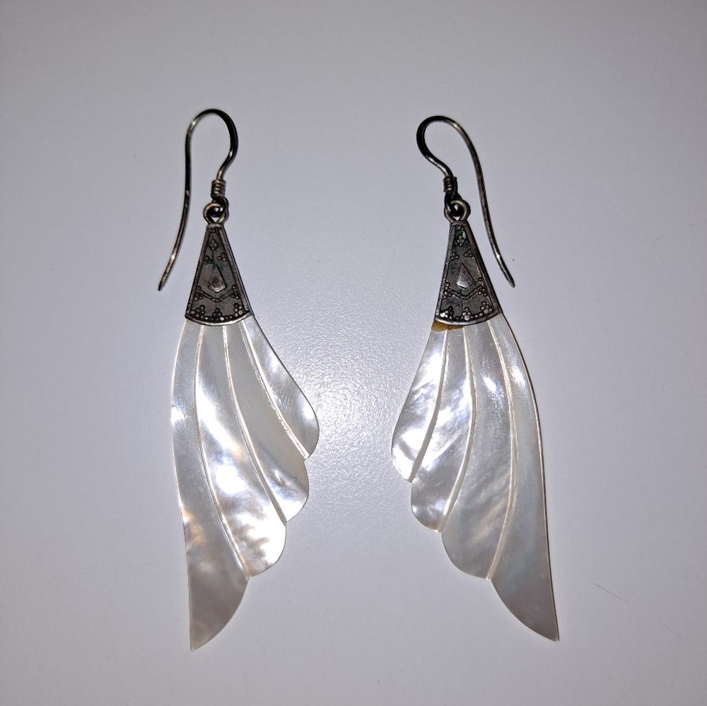 Mother of Pearl angel wing feather dangle earrings vintage jewelry peirced ears - Picture 2 of 11